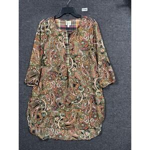 Fig & Flower Tunic Top Womens Size L Brown Multi Paisley 3/4 Sleeve Round Neck